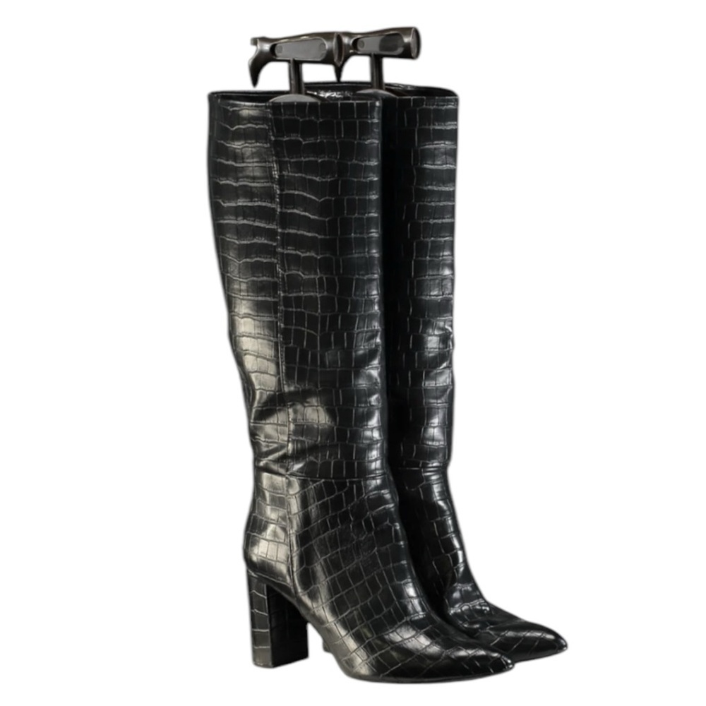 H&M Black Crocodile Embossed Knee-High Boots size US 4.5 Animal Faux‎ Leather